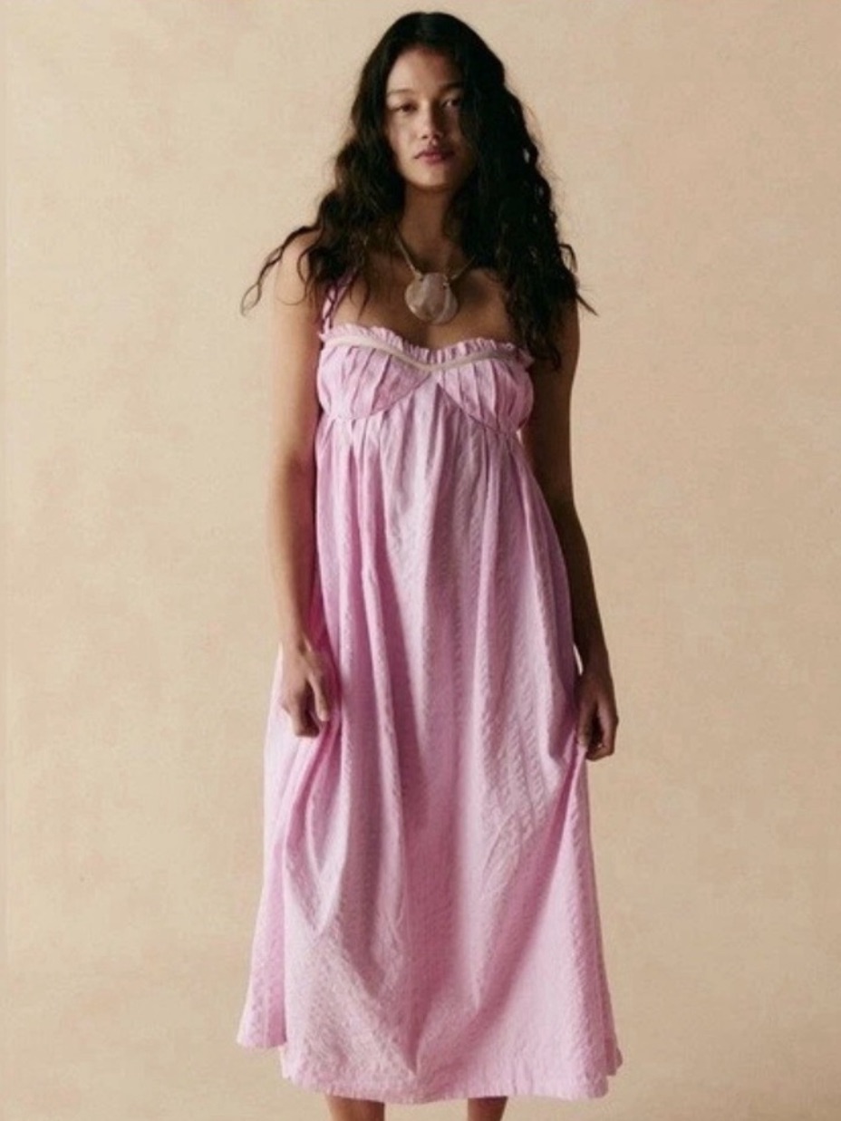 Free People Poppy Midi Dress-Star Heart/Pink Rose Seersucker Cotton Size M